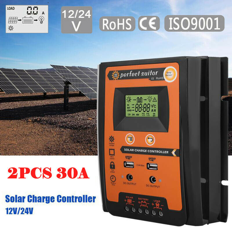 2PCS 30A 12/24V Solar Charger Controller Panel Battery Regulator