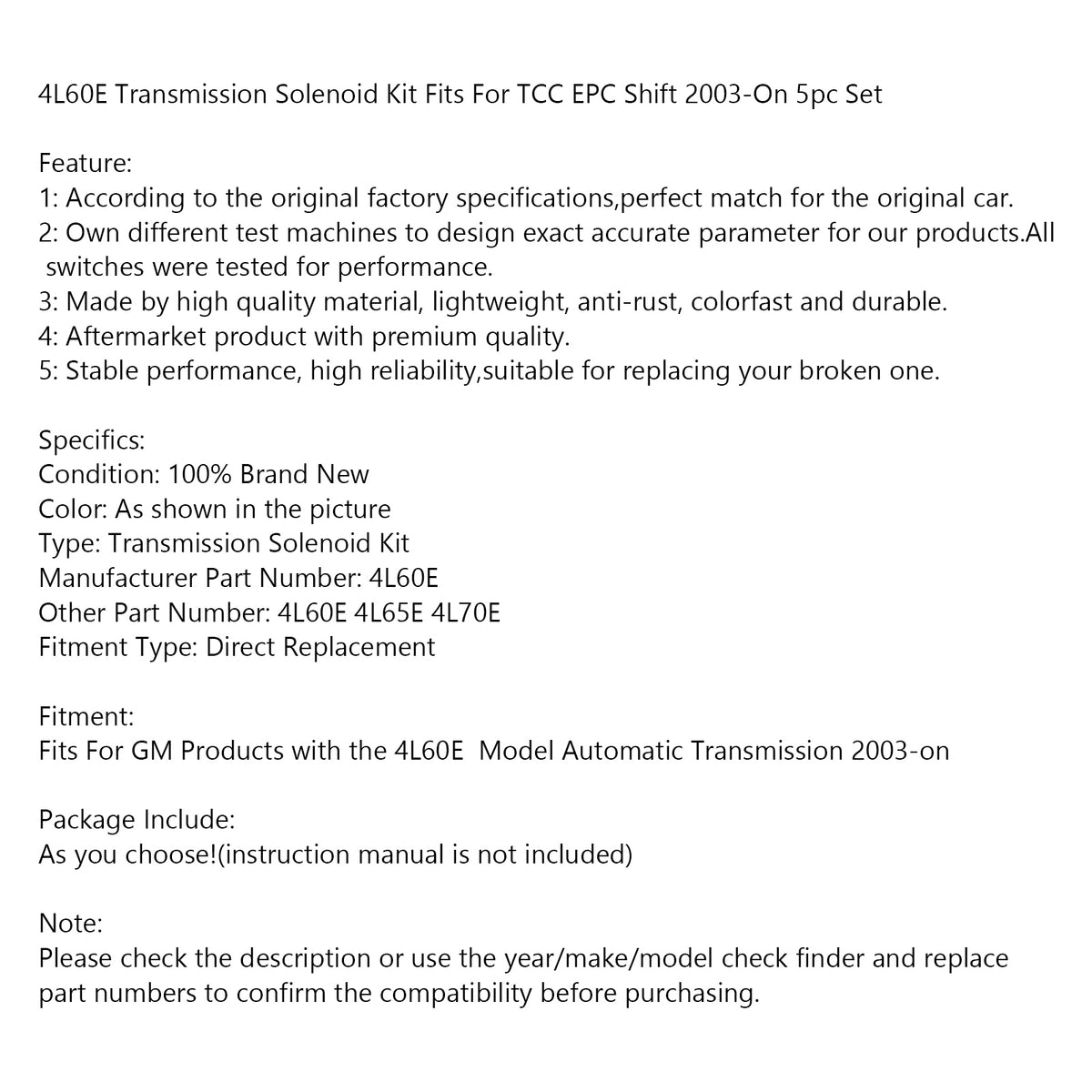 4L60E Transmission Solenoid Kit Fits For TCC EPC Shift 2003-On 5pc Set