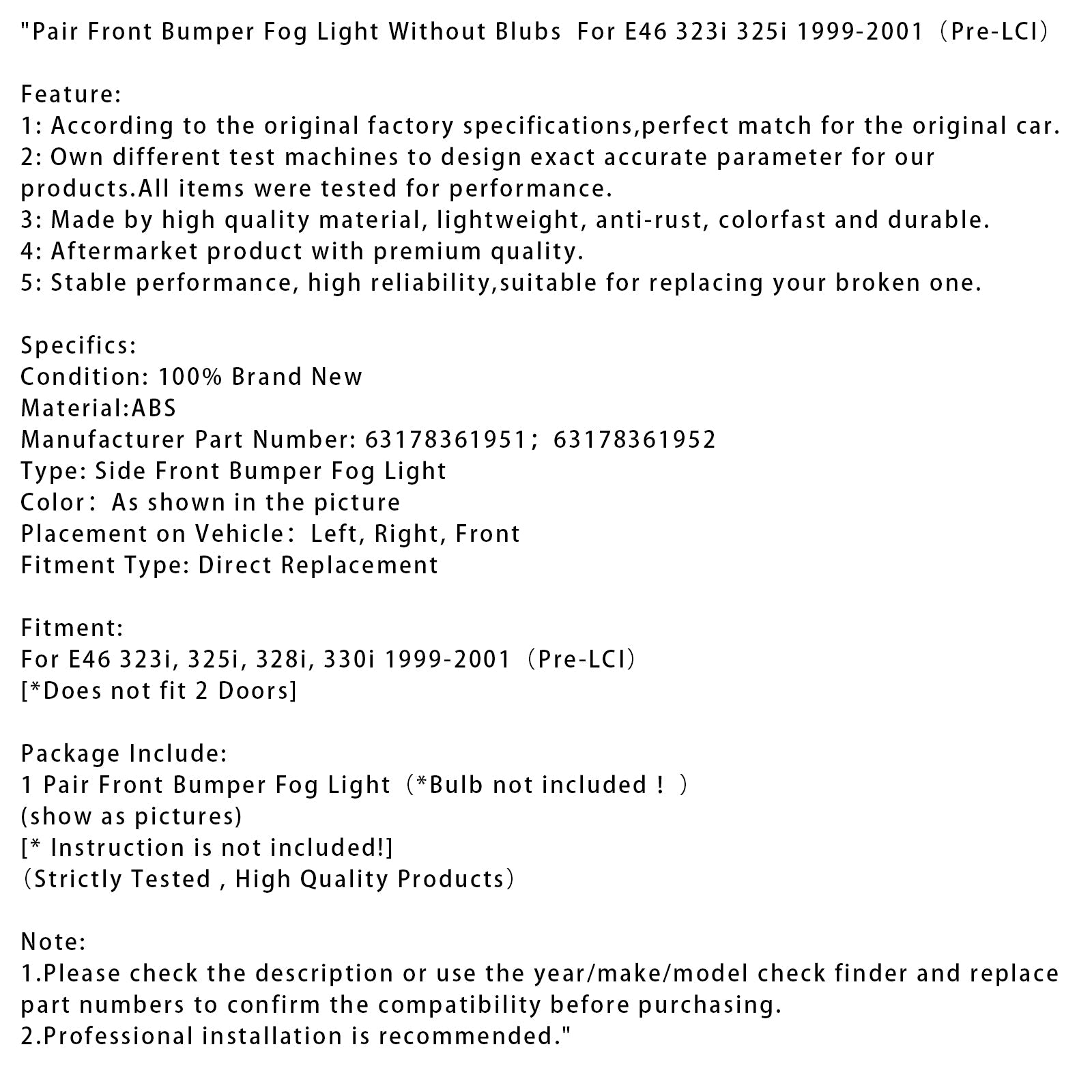 Pair Front Bumper Fog Light Without Blubs For E46 323i 325i 1998-2001（Pre-LCI）