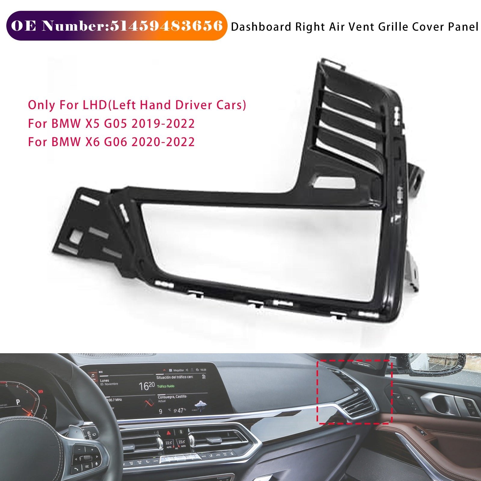 2020-2022 BMW X6 G06 Dashboard Right Air Vent Grille Cover Panel 51459483656