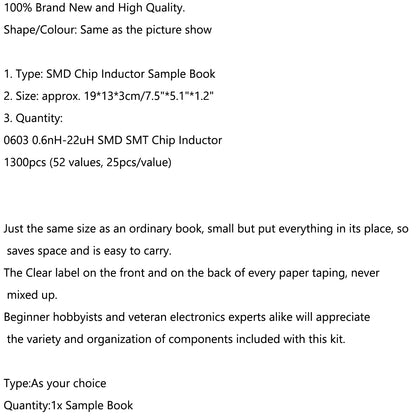 0603 SMD Chip Inductor Assorted Kit 1nH-22uH 52 Valuesx25 Sample Book 1300pcs