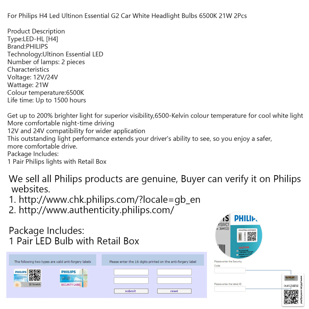 For Philips H4 Led Ultinon Essential Car White Headlight Bulbs 6500K 21W 2Pcs