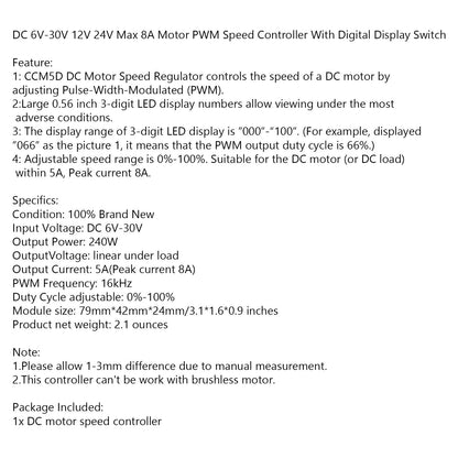 DC 6V-30V 12V 24V Max 8A Motor PWM Speed Controller With Digital Display Switch