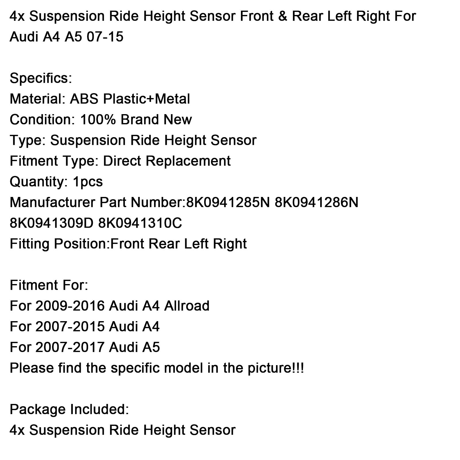4x Suspension Ride Height Sensor Front & Rear Left Right For Audi A4 A5 2007-2015