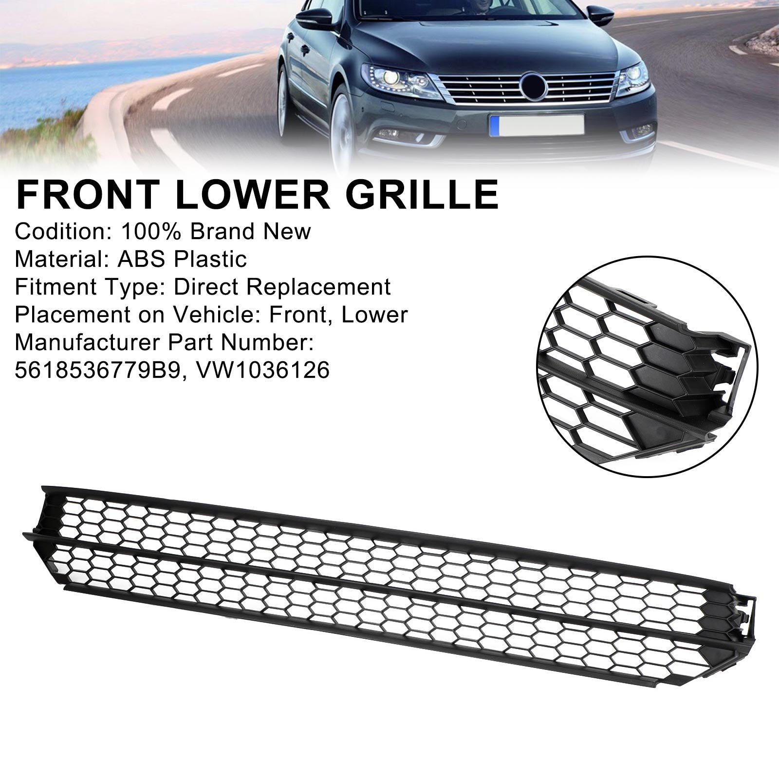 2012-2015 VW Passat Honeycomb Front Bumper Lower Grill Grille Black