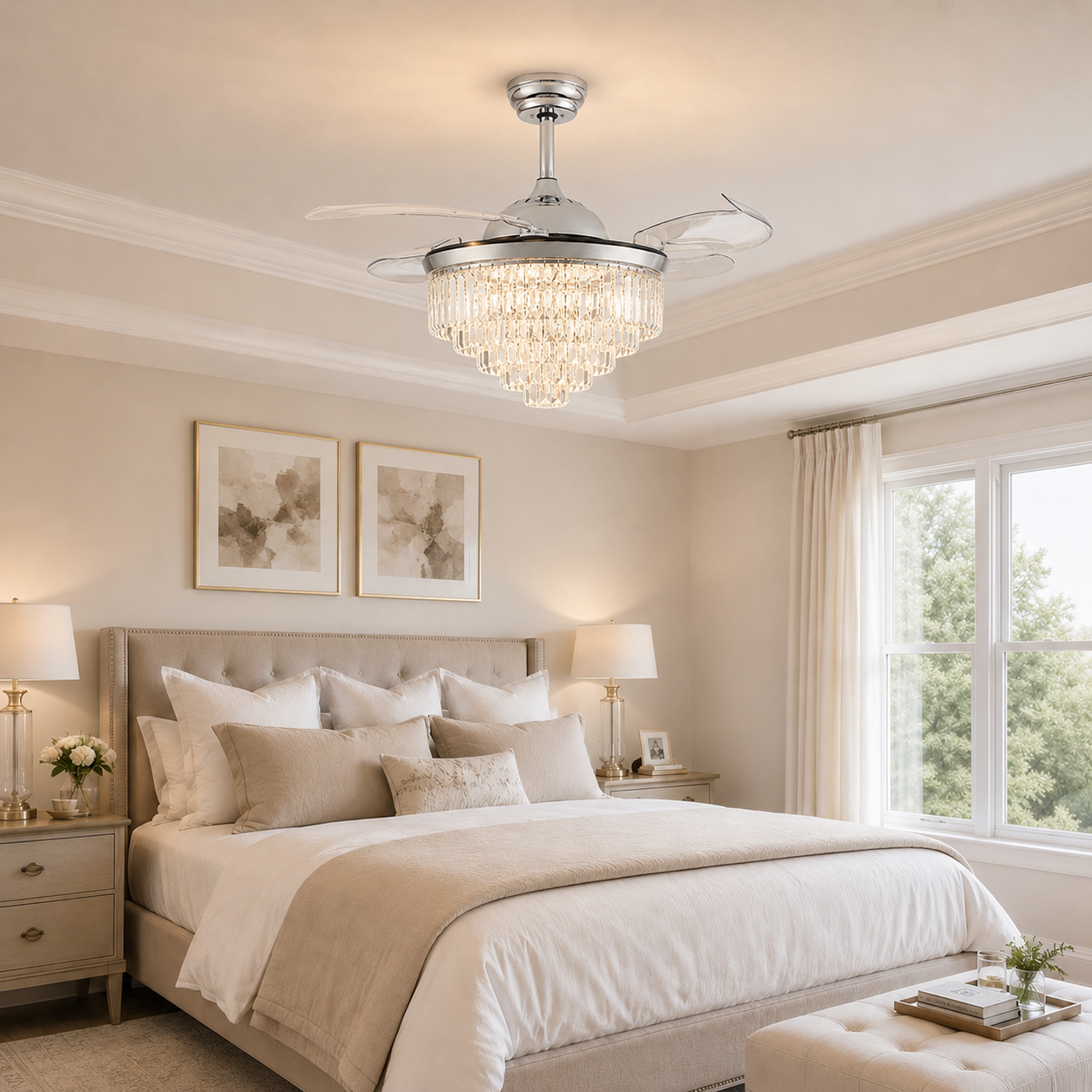 Remote Control Retractable Blades 6 Speeds 42" Crystal Ceiling Fan with Light