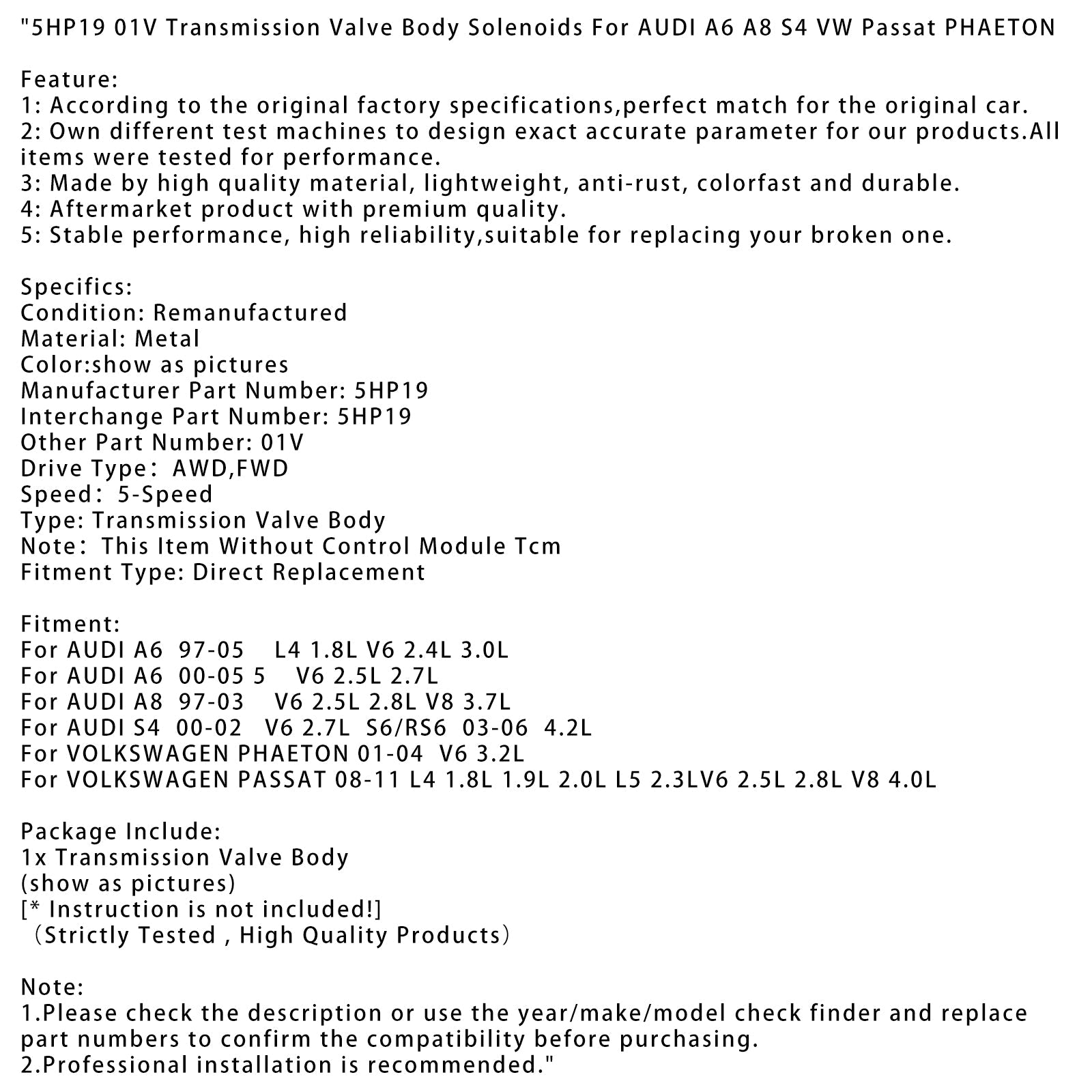 1997-2003 AUDI A8 V6 2.5L 2.8L V8 3.7L 5HP19 01V Transmission Valve Body Solenoids