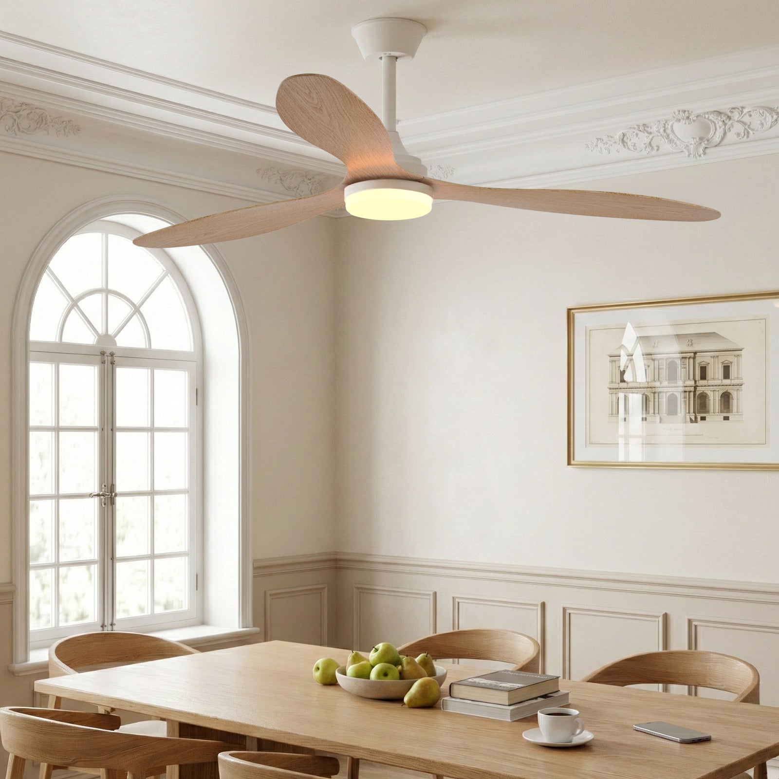 Modern 52" Pendant Ceiling Fan with Light Remote Quiet 6 Speeds Black White