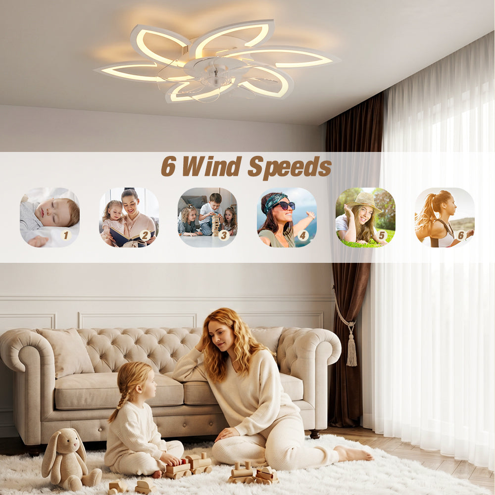6-Speed Dimmable Quiet for Bedroom LED Ceiling Fan with Light App Control&Remote