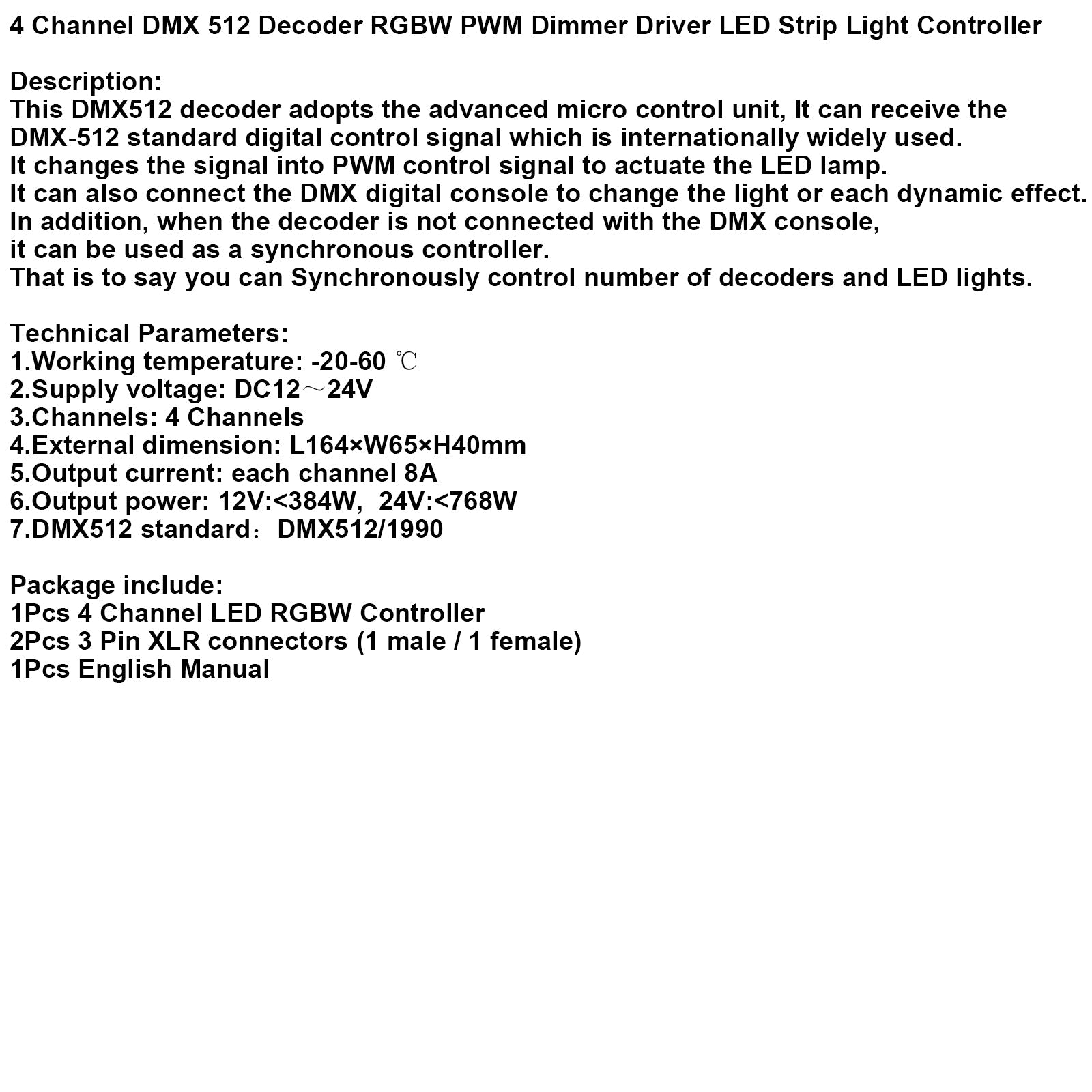 4 Channel DMX 512 Decoder RGBW PWM Dimmer Driver LED Strip Light Controller