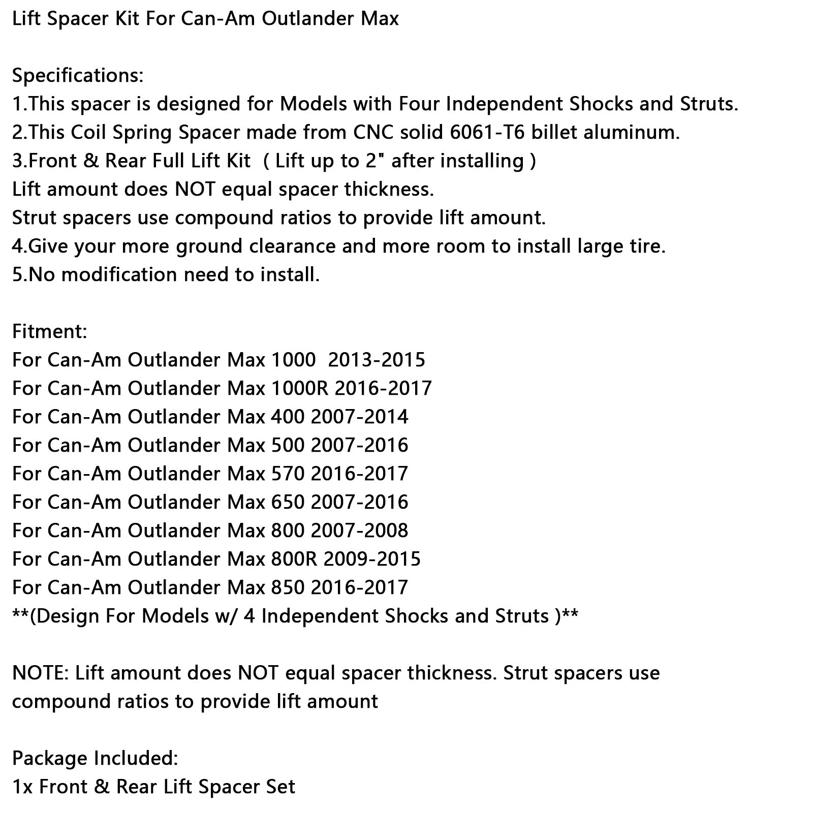 Lift Spacer Kit For Can-Am Outlander Max 1000/1000R/400/500/570/650/800/850