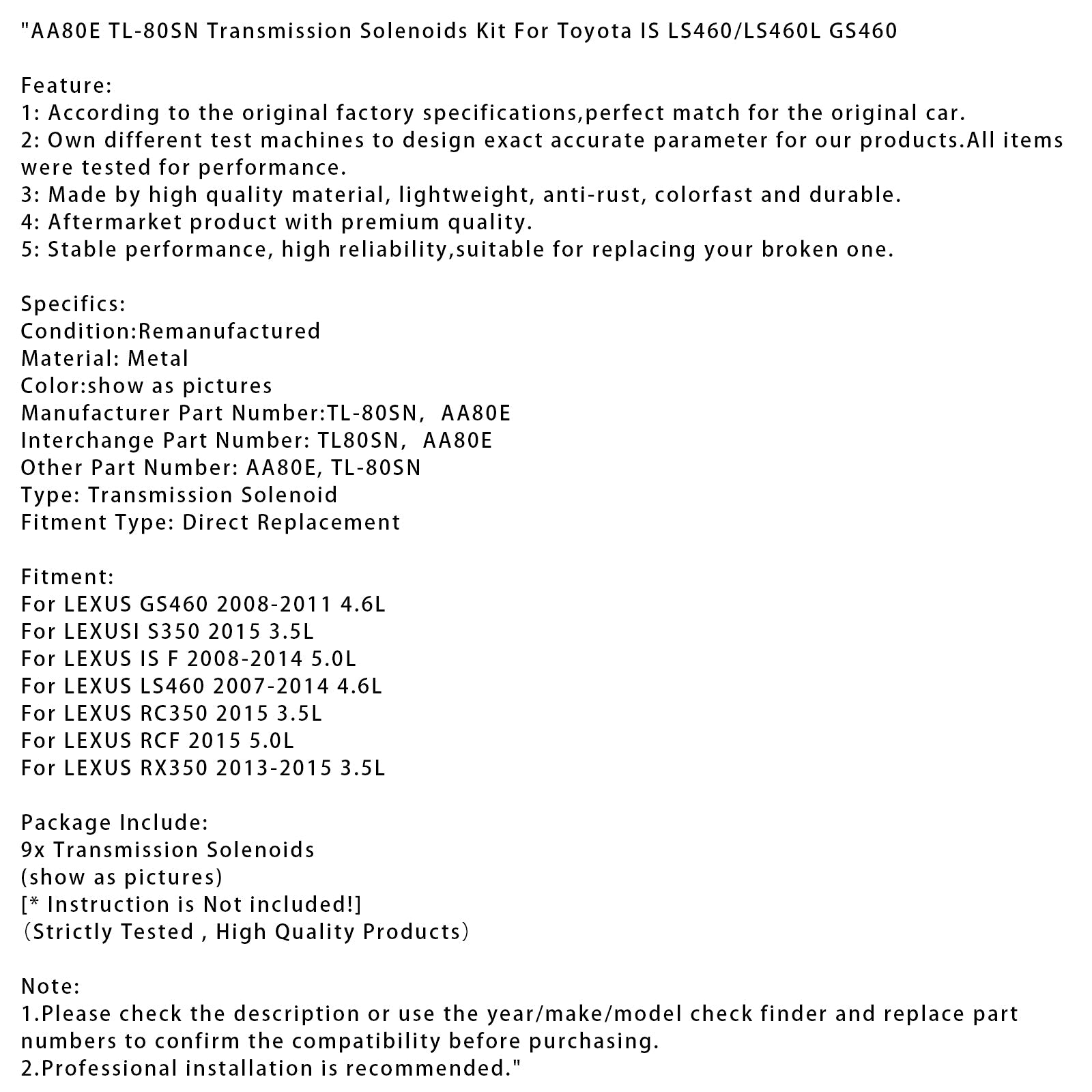 AA80E TL-80SN Transmission Solenoids Kit For Toyota IS LS460/LS460L GS460