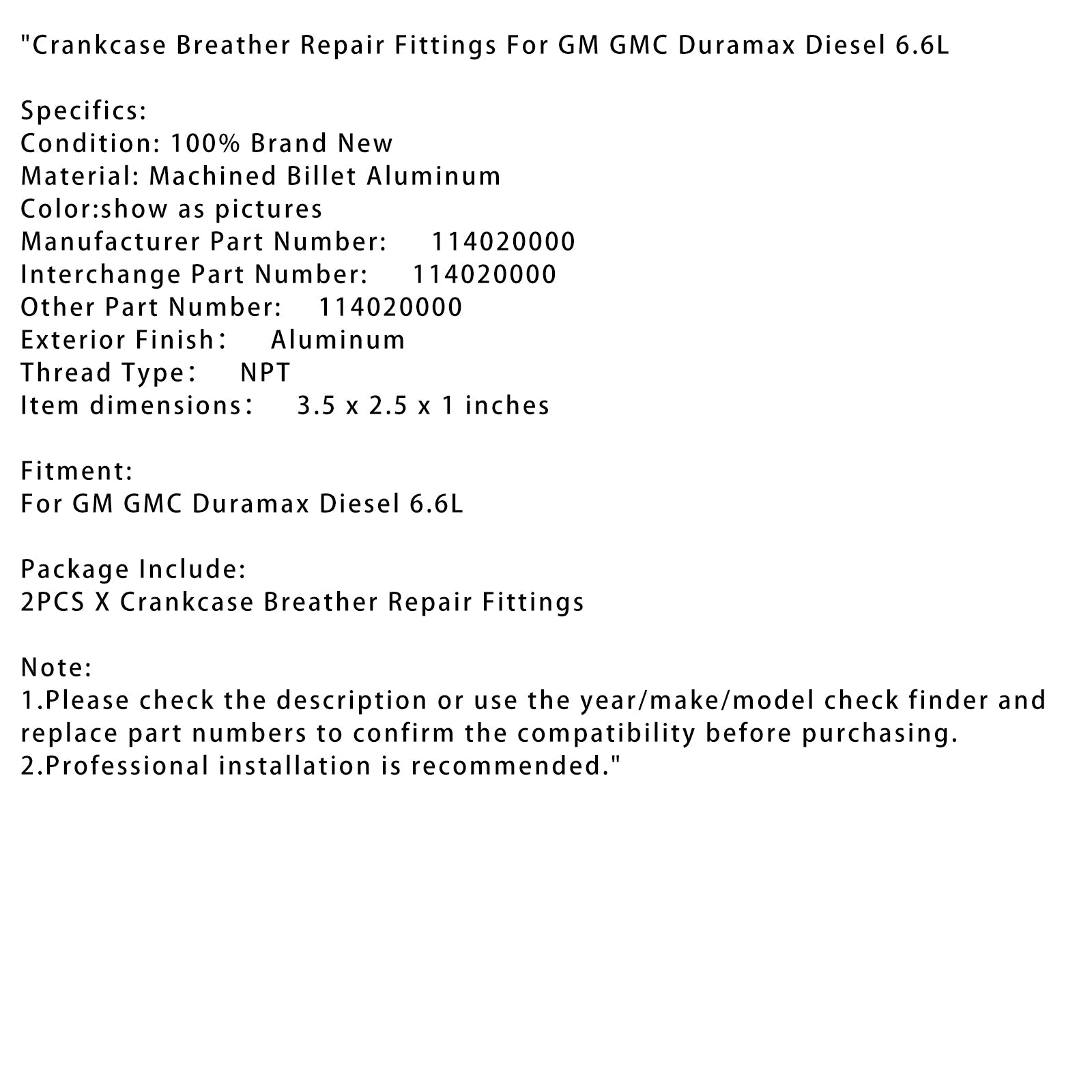 GM GMC Duramax Diesel 6.6L Crankcase Breather Repair Fittings