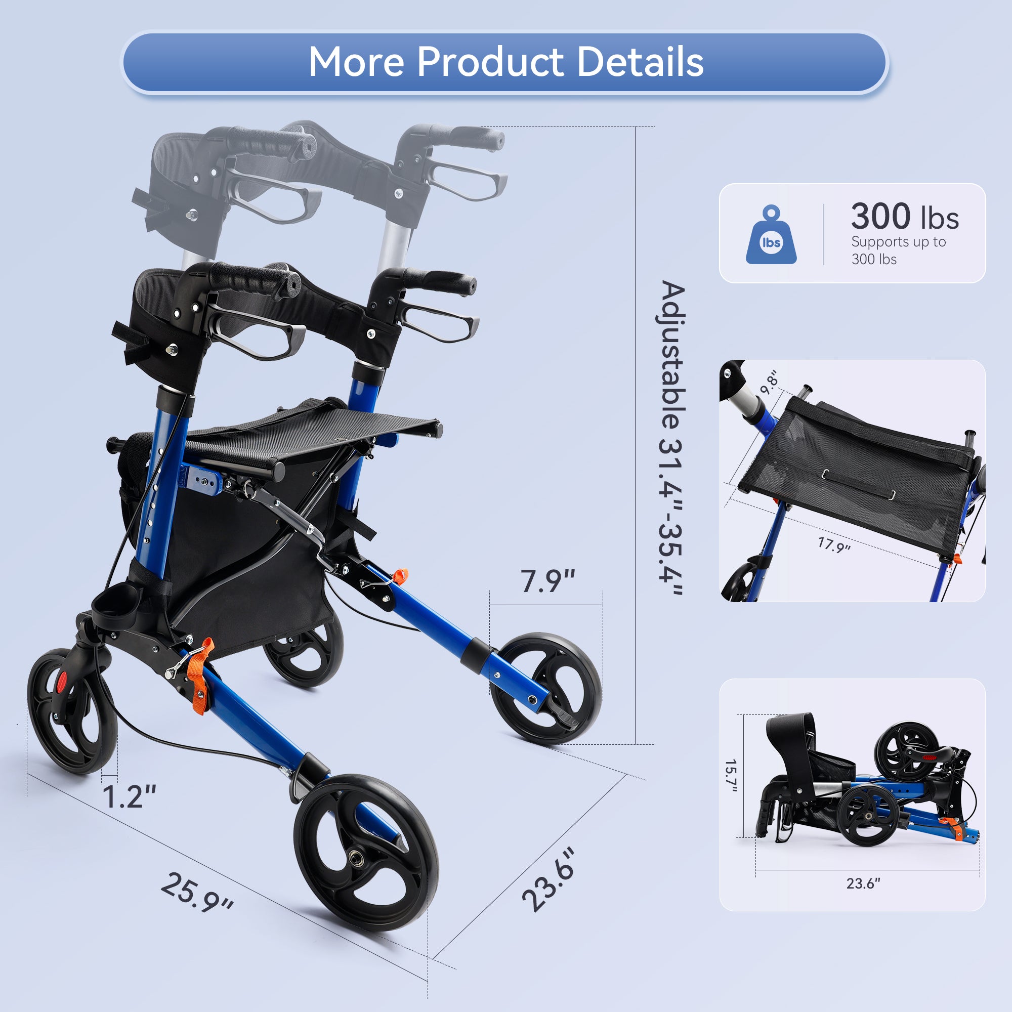 Foldable Rollator Walker with 6 levels of Adjustable Seat 8 Wheels  Compact Folding Design Lightweight Mobility Walking Aid suitable for people of different heights