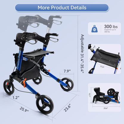 Foldable Rollator Walker with 6 levels of Adjustable Seat 8 Wheels  Compact Folding Design Lightweight Mobility Walking Aid suitable for people of different heights
