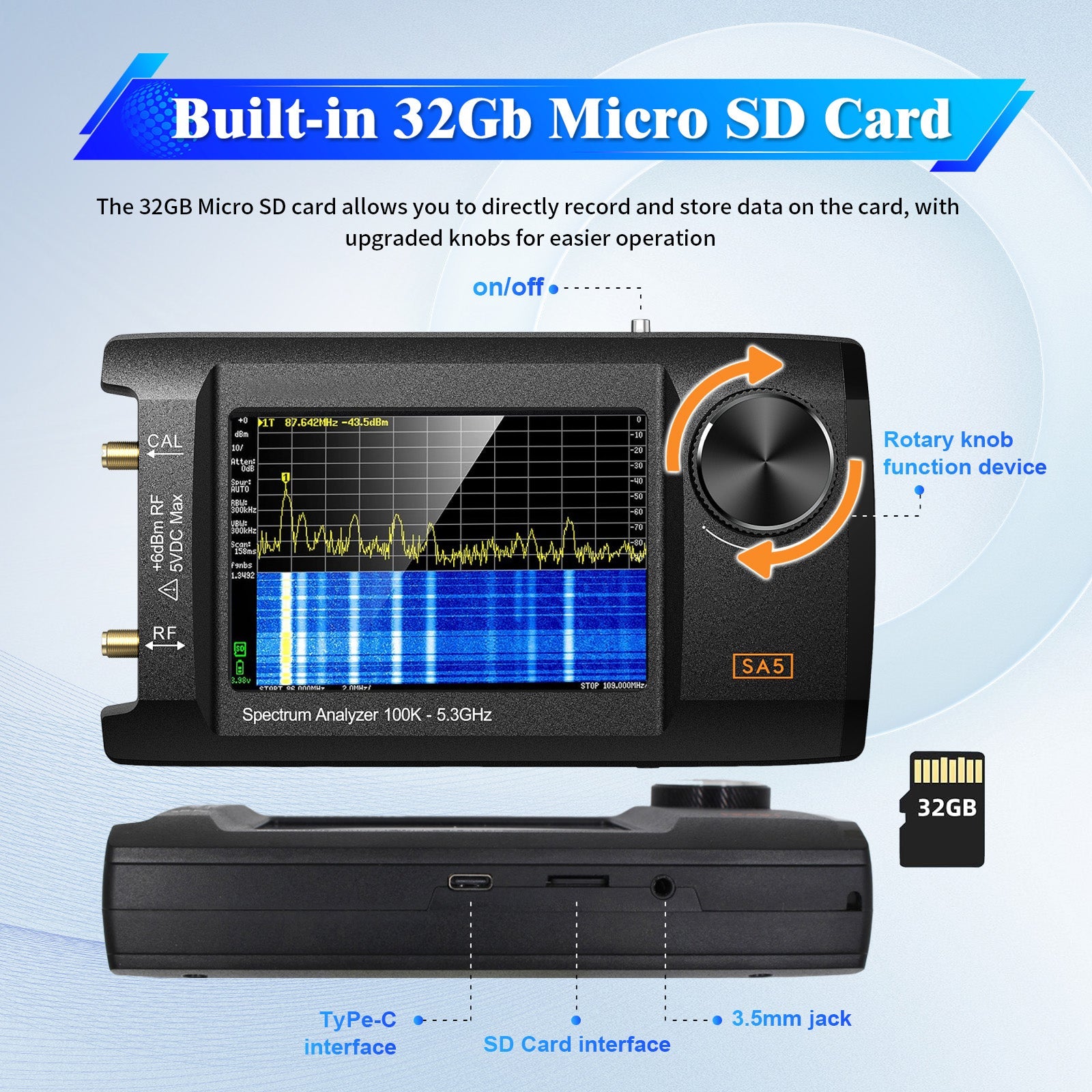 4" IPS LCD SA5 Multifunctionl Spectrum Analyzer 100k-5.3GHz Signal Generator