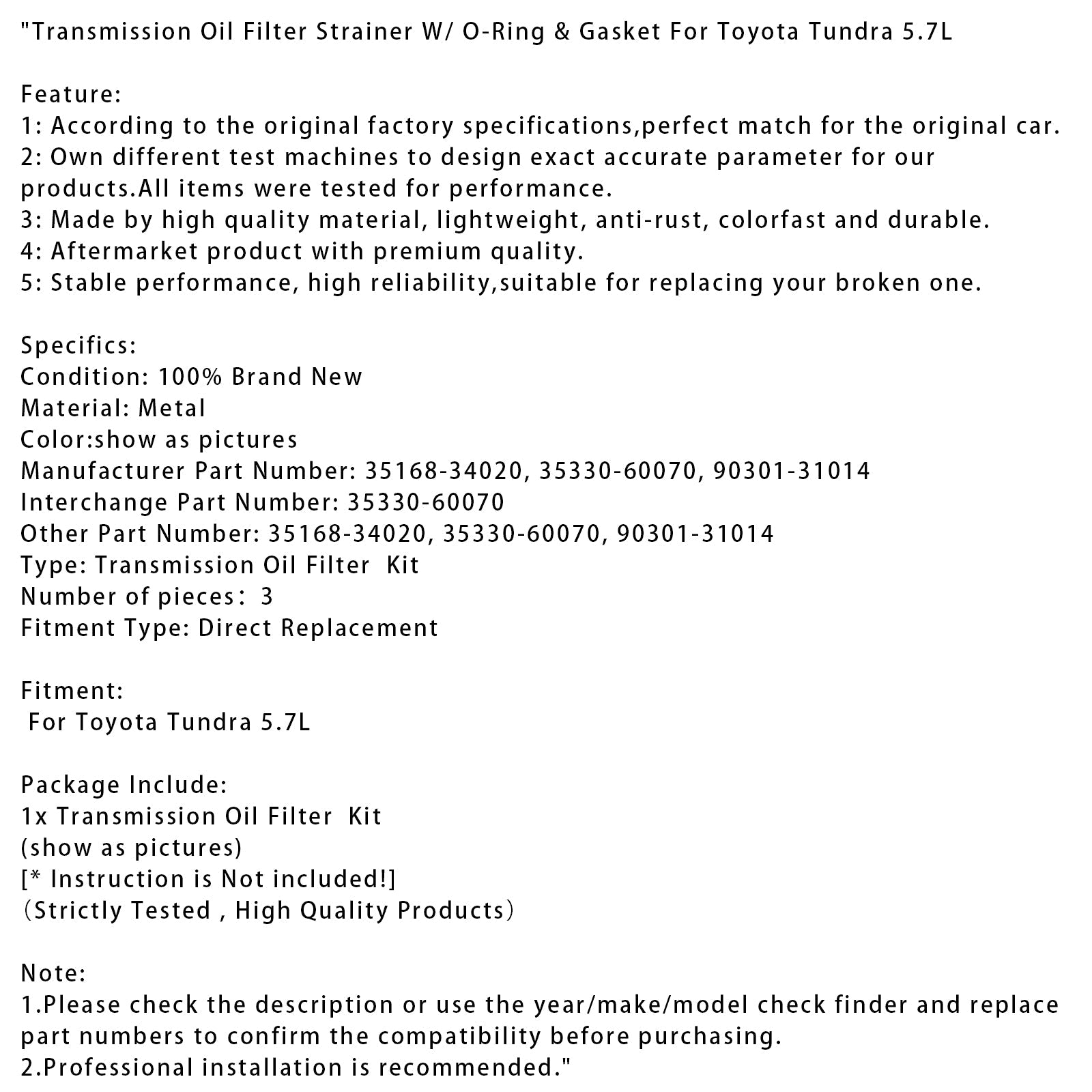Toyota Tundra 5.7L Transmission Oil Filter Strainer W/ O-Ring & Gasket 35168-34020 35330-60070 90301-31014