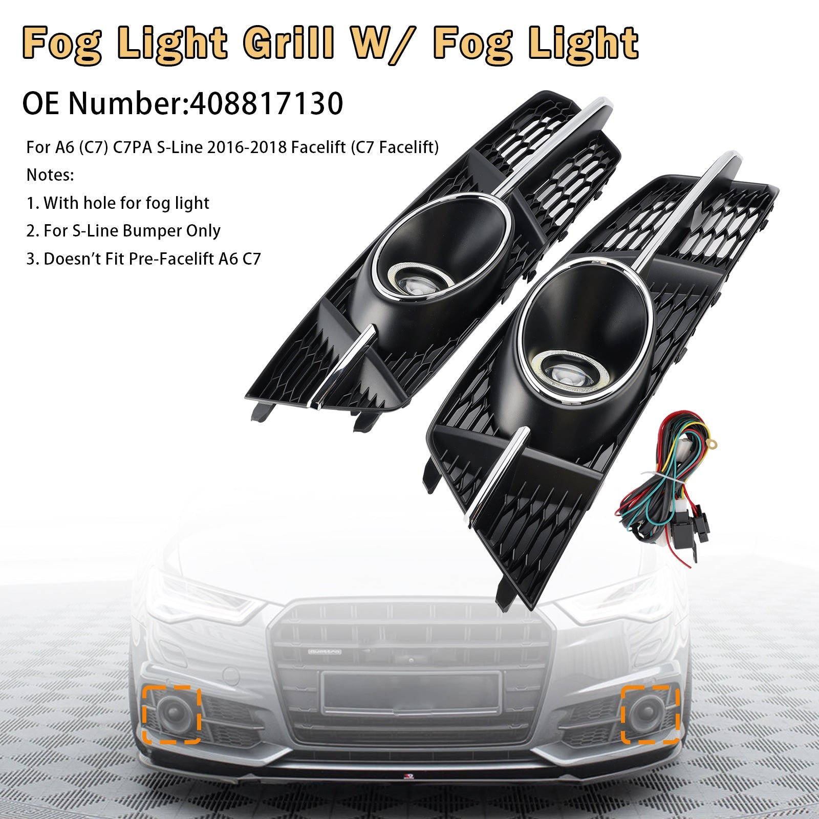 2016-2018 Audi A6 S6 Sline Fog Light Grill Cover Lamp Grille W/ Fog Light