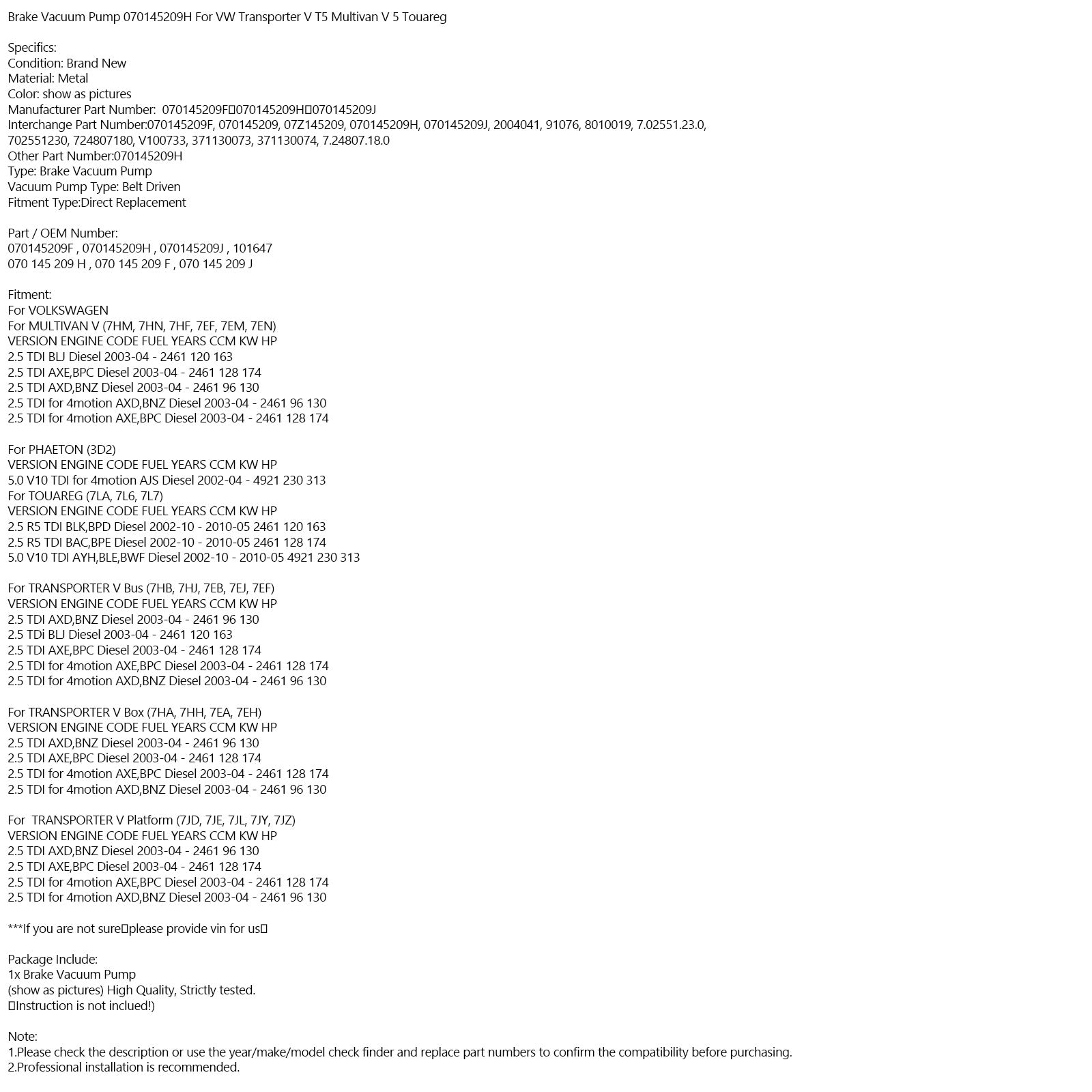 2003.04-on PHAETON (3D2) 5.0 V10 TDI for 4motion AJS Diesel 4921 230 313 Brake Vacuum Pump 070145209H 070145209F 070145209J