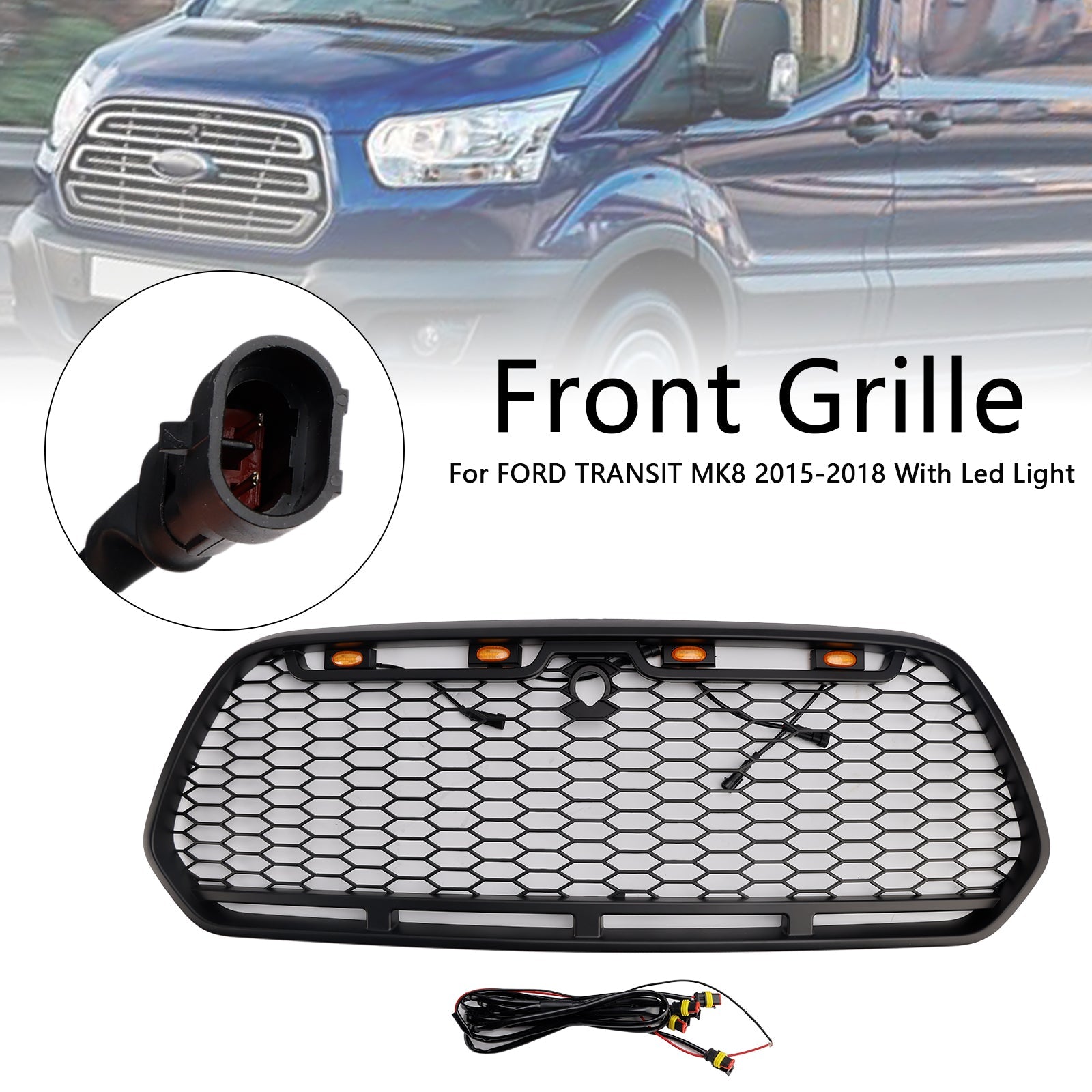 2015-2018 Ford Transit MK8 Raptor w/LED Matt Black Front Bumper Grill Grille