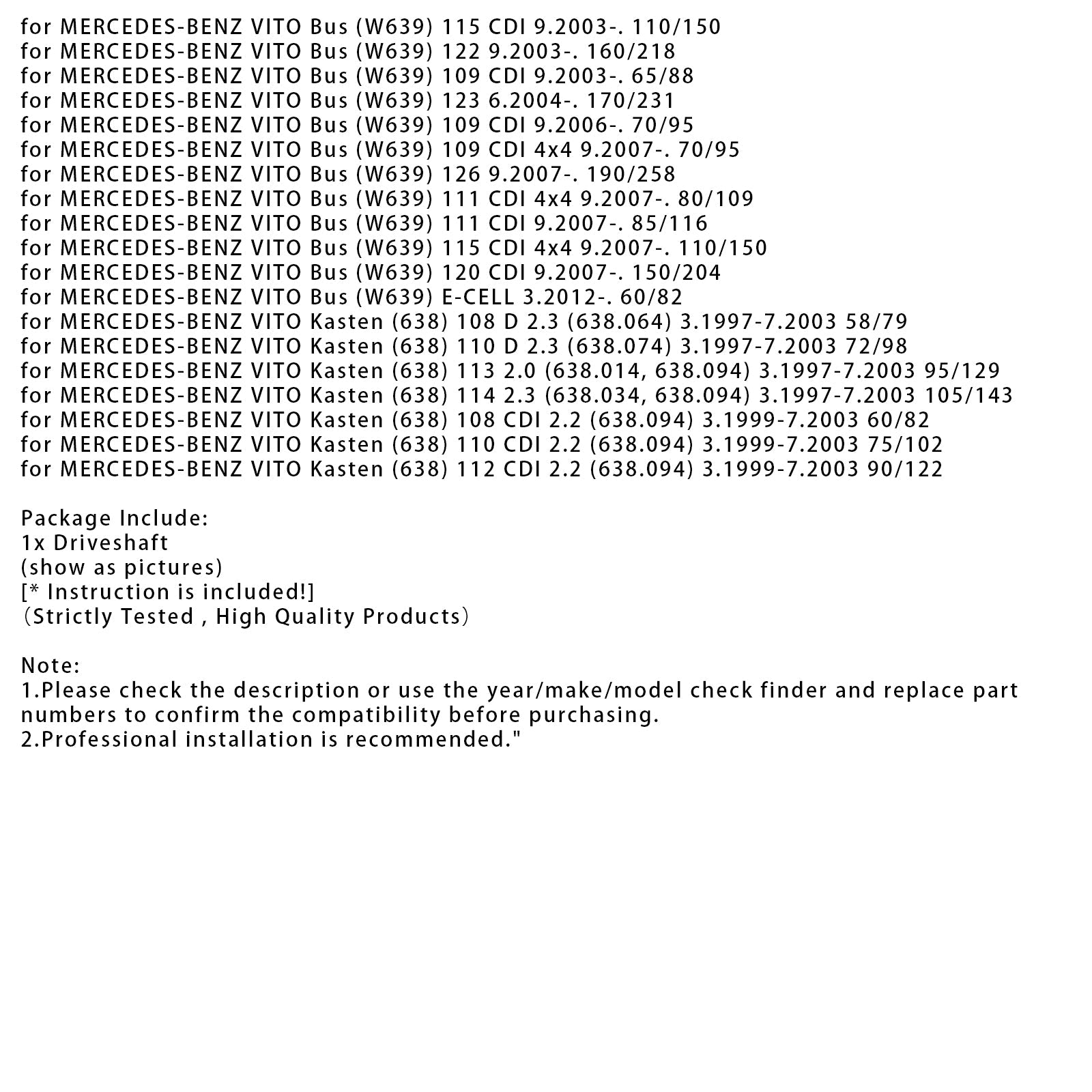 09.2006-on MERCEDES-BENZ VITO Bus (W639) 109 CDI 4x4 70/95 Propshaft Drive Shaft 2211mm Length 6394103206