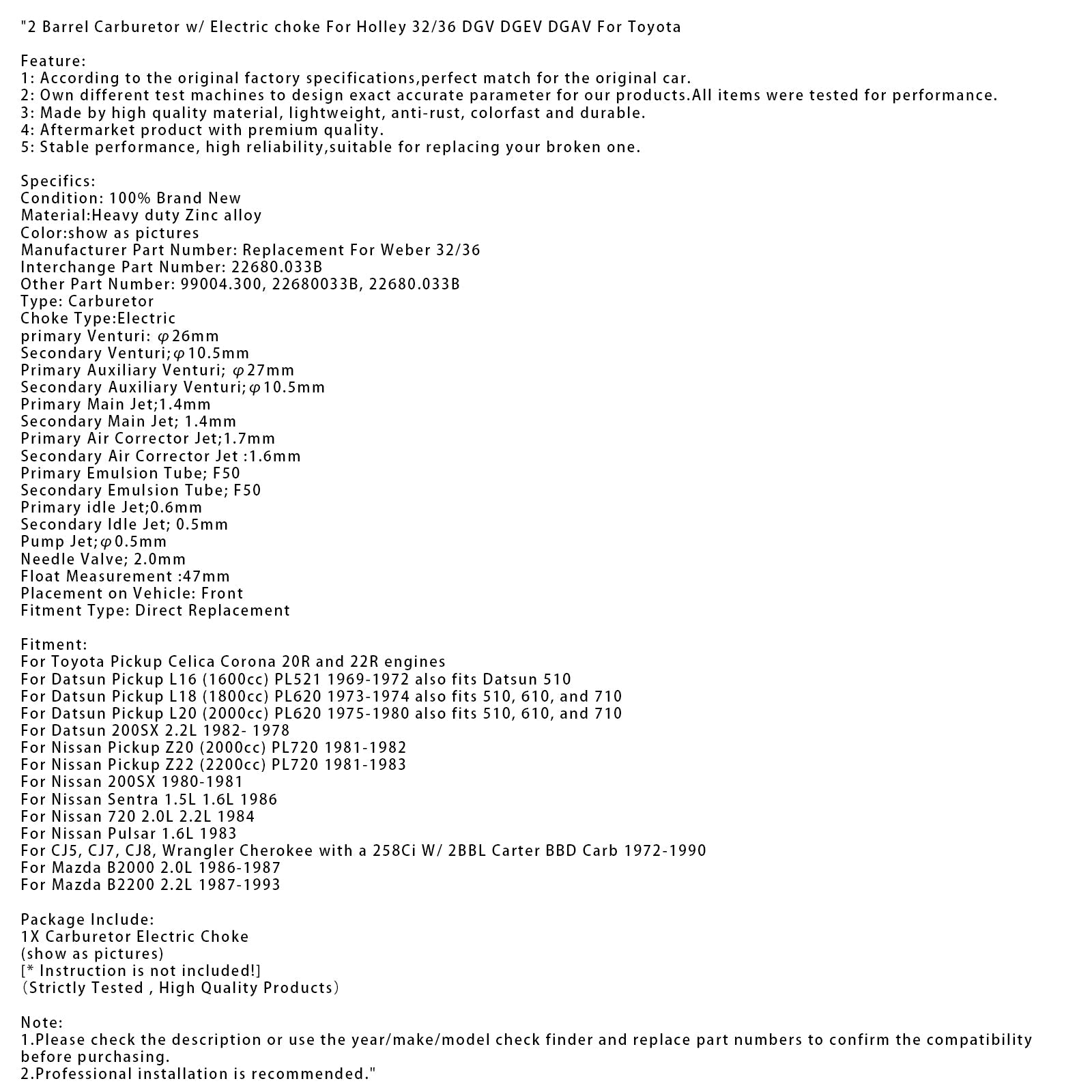 1984 Nissan 720 2.0L 2.2L 2 Barrel Carburetor w/ Electric choke For Holley 32/36 DGV DGEV DGAV