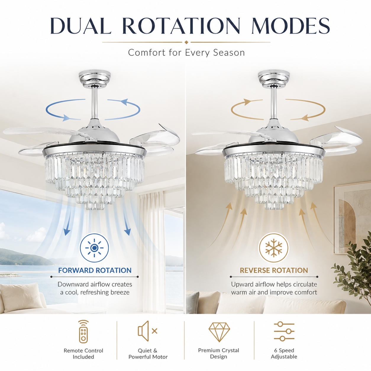 Remote Control Retractable Blades 6 Speeds 42" Crystal Ceiling Fan with Light