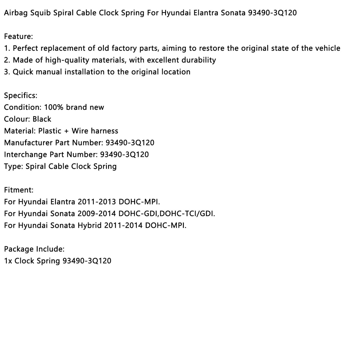 Airbag Squib Spiral Cable Clock Spring Fit Hyundai Elantra Sonata 93490-3Q120