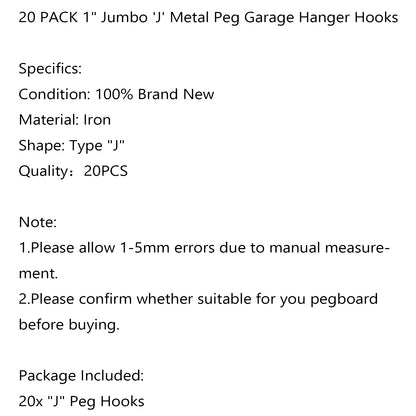 20 PACK 1" Jumbo 'J' Metal Peg Garage Hanger Hooks 1/8 to 1/4 Inch Pegboard