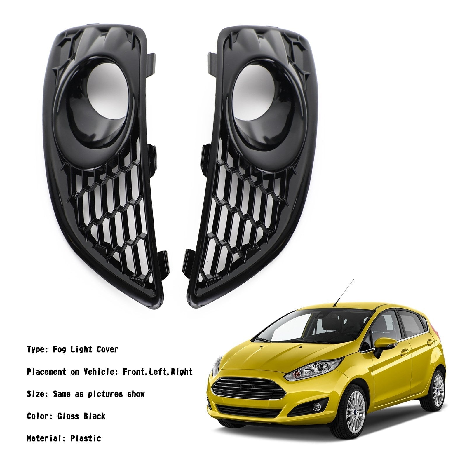 2013-2017 Ford Fiesta Pair Grille Gloss Black Front Fog Light Lamp Cover Generic