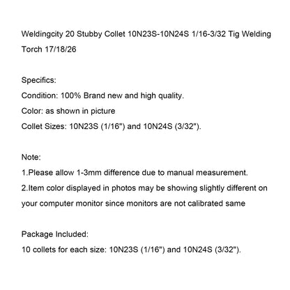 Weldingcity 20 Stubby Collet 10N23S-10N24S 1/16-3/32 Tig Welding Torch 17/18/26