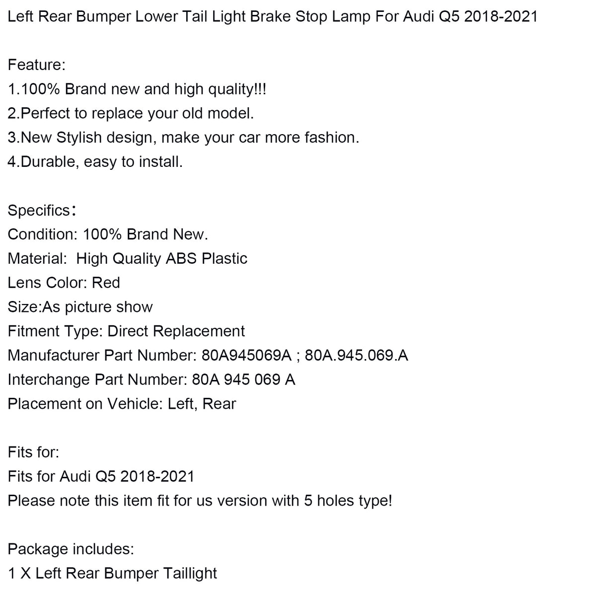 Left Rear Bumper Lower Tail Light Brake Stop Lamp For Audi Q5 2018-2021 US Version
