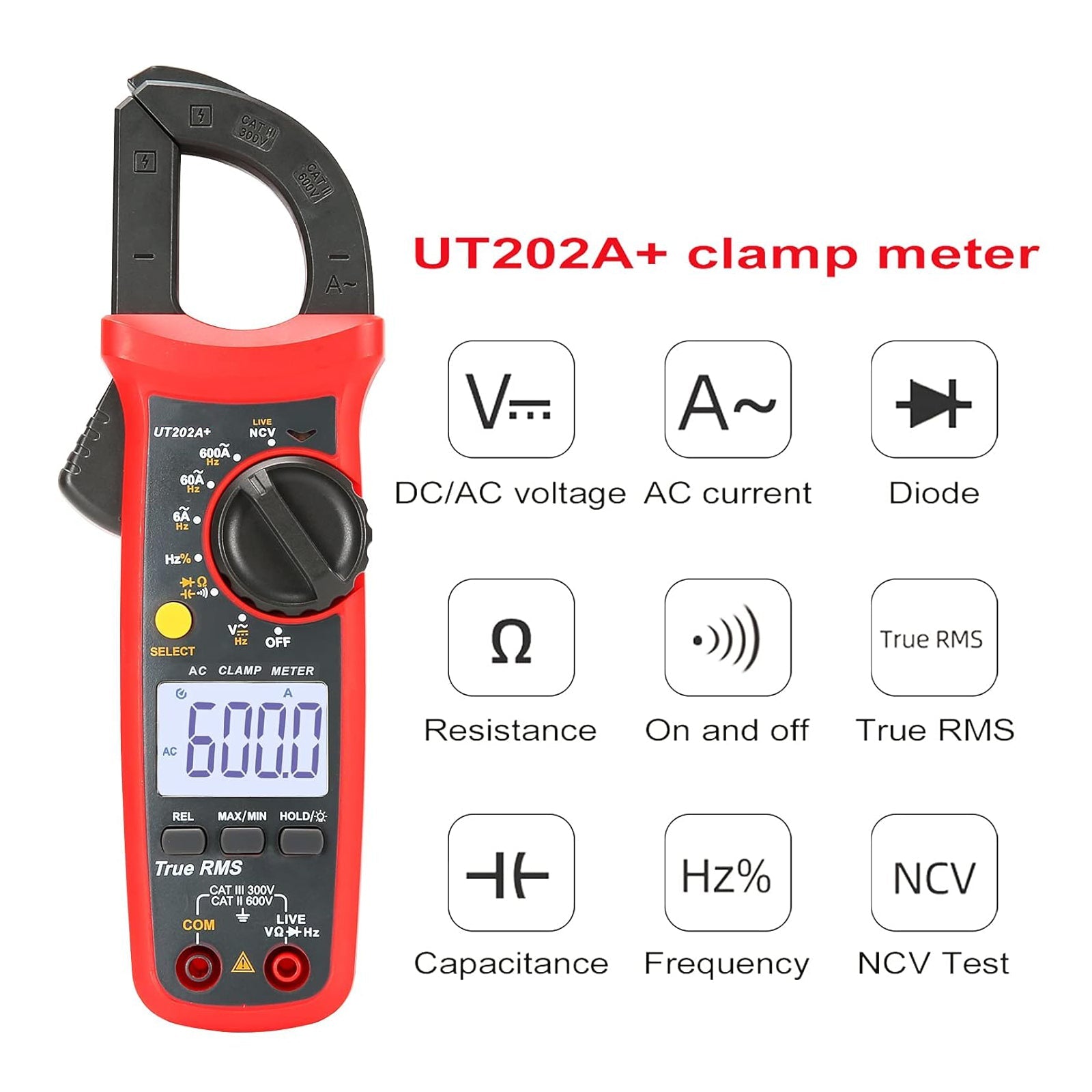UT202A+ Digital Clamp Meter 6000 Counts Auto Range True RMS NCV Multimeter