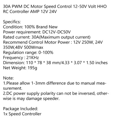 DC 12-50V MAX 30A PWM Motor Speed Controller HHO RC Controller AMP 12V 24V