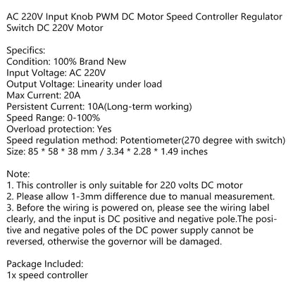 AC 220V Input Knob 20A PWM DC 220V Motor Speed Controller Regulator Switch