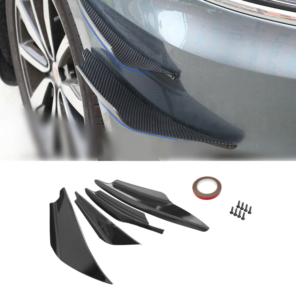 Universal Car Front Bumper Fins Body Splitter Spoiler Canards Carbon Fiber Look