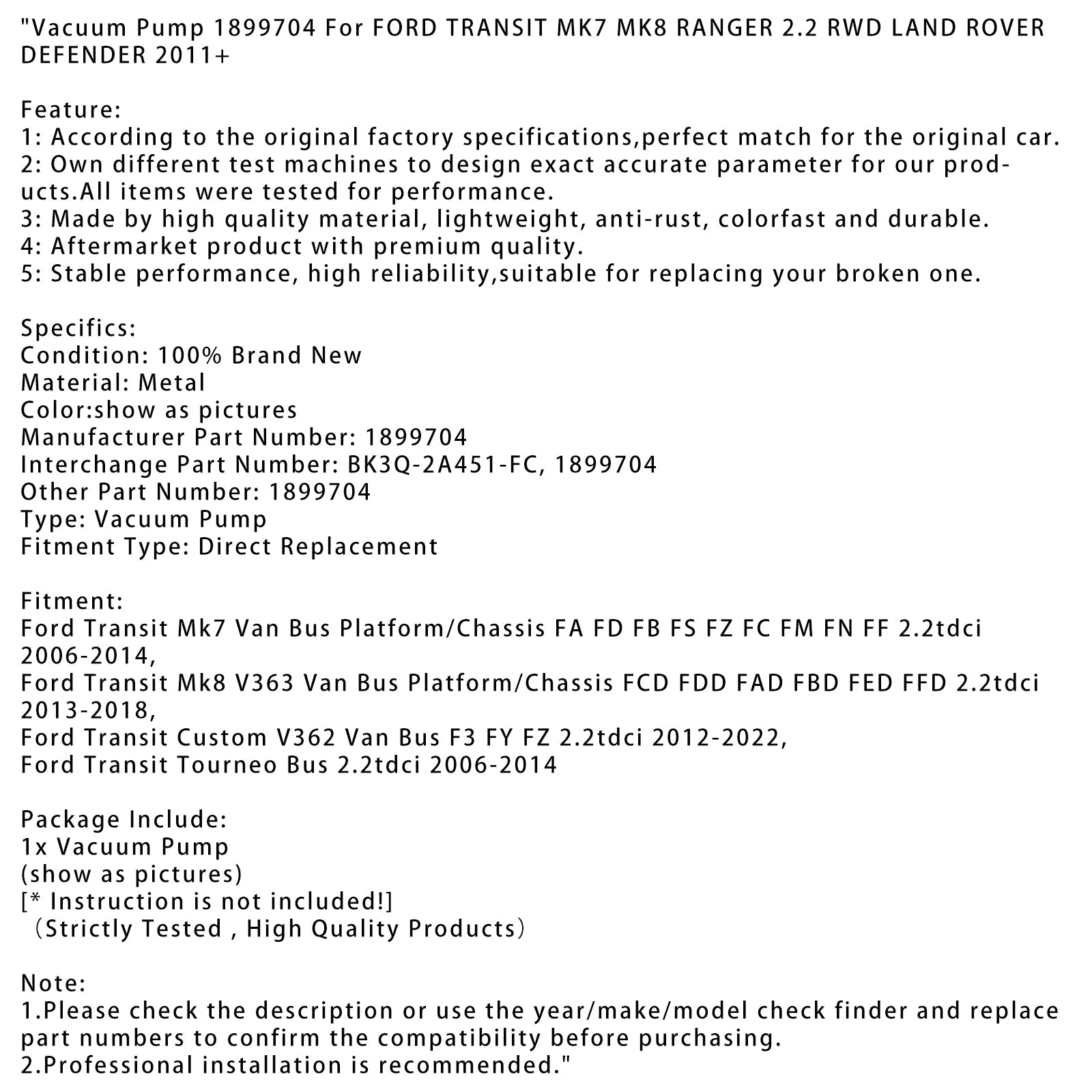 2006-2014 Ford Transit Tourneo Bus 2.2tdci Vacuum Pump 1899704