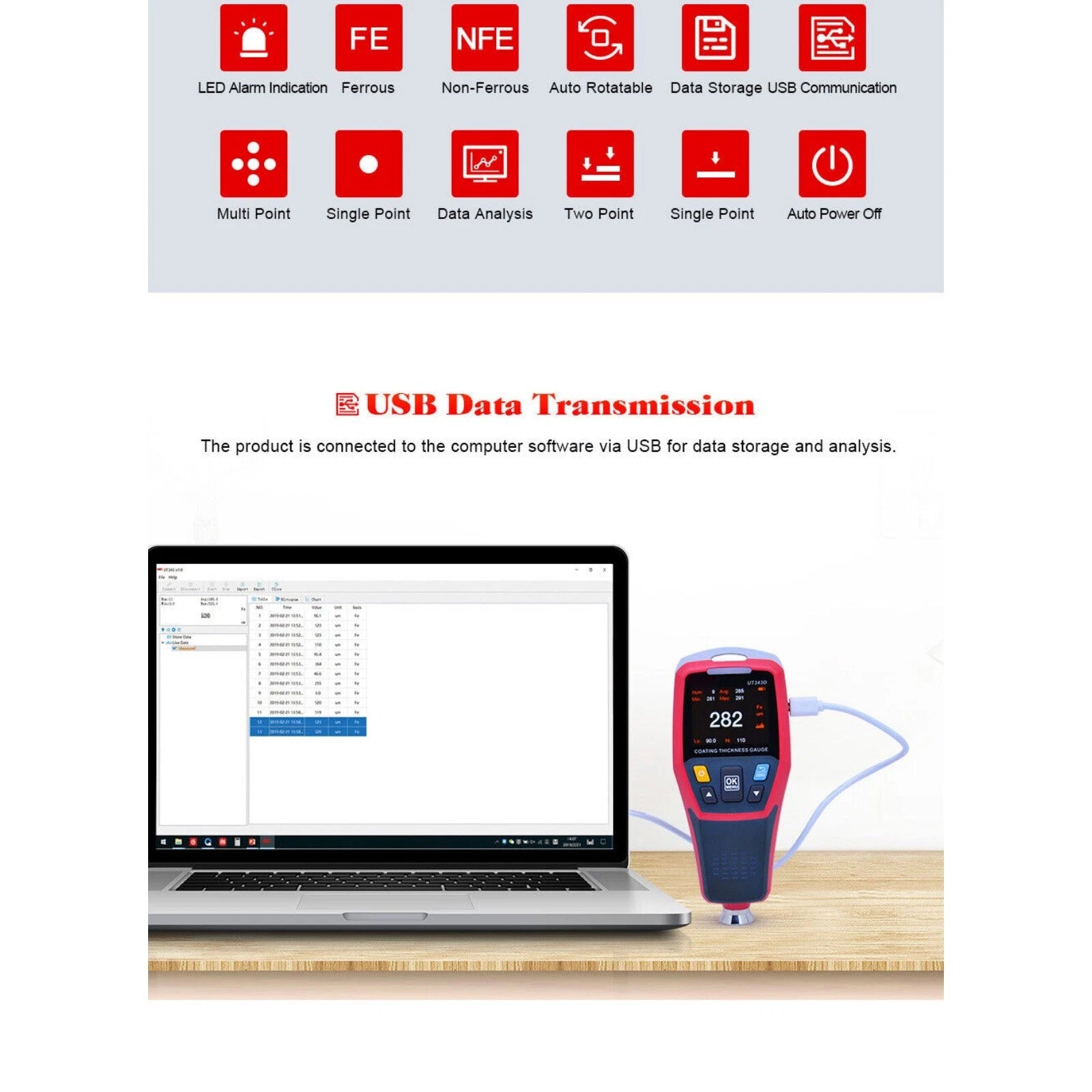 UT343D Digital Coating Thickness Gauge Meter Tester Range 0 to 1250um