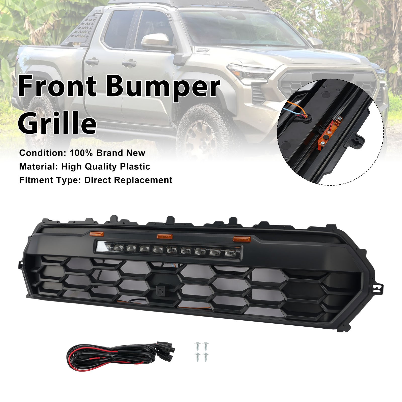 2024+ Toyota Tacoma With Led & Light Bar Black Front Bumper Grille Grill Fit