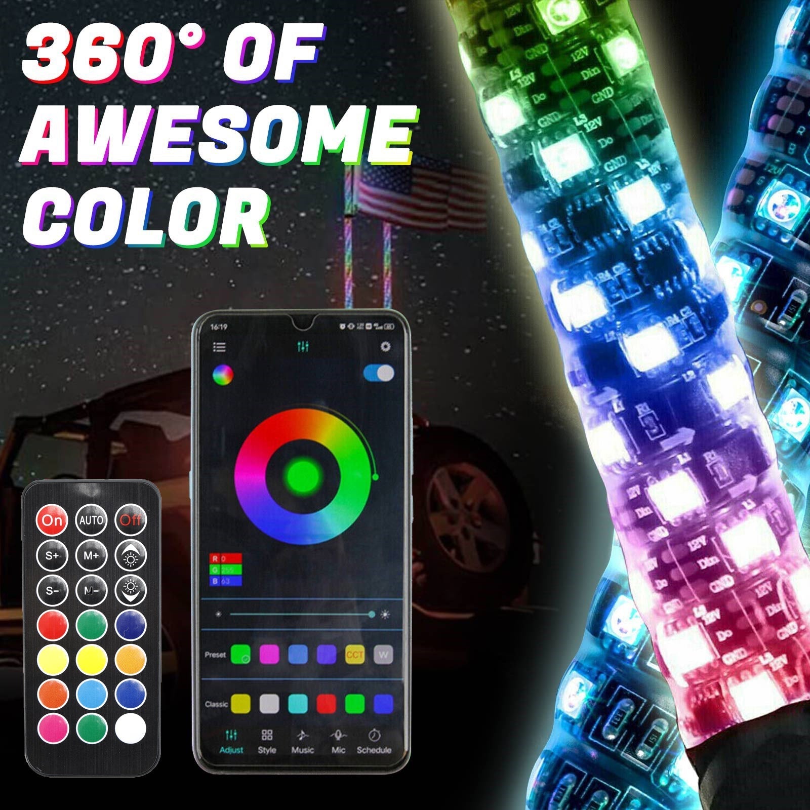 RZR Offroad Jeep Rhino Sandrail Canam Buggy UTV 2X 4ft RGB LED APP Whip Lights Antenna W/ Flag Remote Control Generic