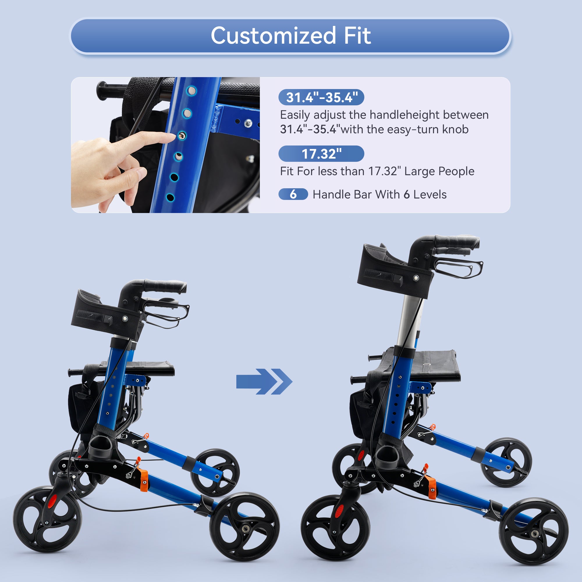 Foldable Rollator Walker with 6 levels of Adjustable Seat 8 Wheels  Compact Folding Design Lightweight Mobility Walking Aid suitable for people of different heights