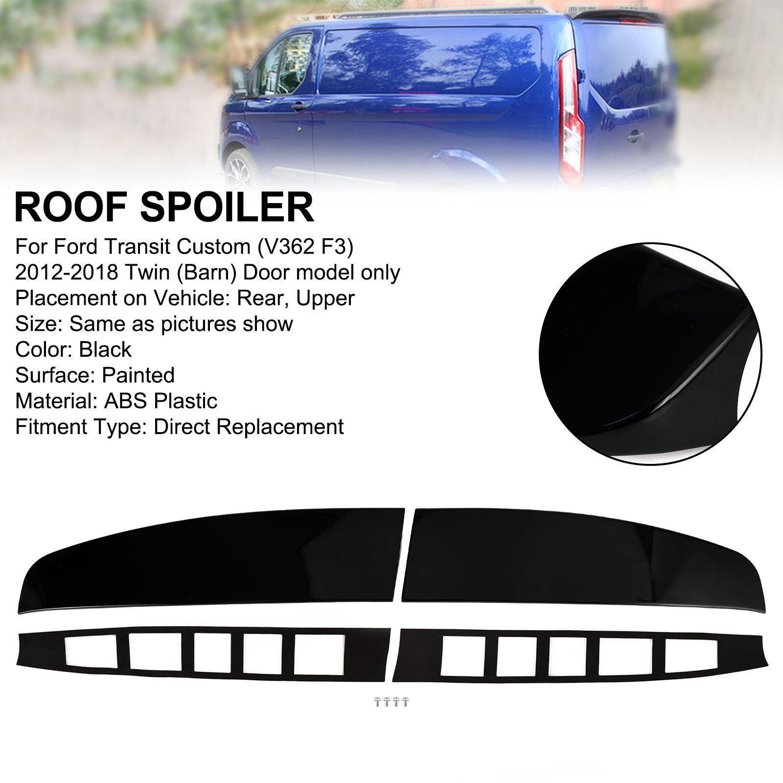 2012-2023 Ford Transit Custom (V362 F3) Rear Twin Barn Door Roof Spoiler Black