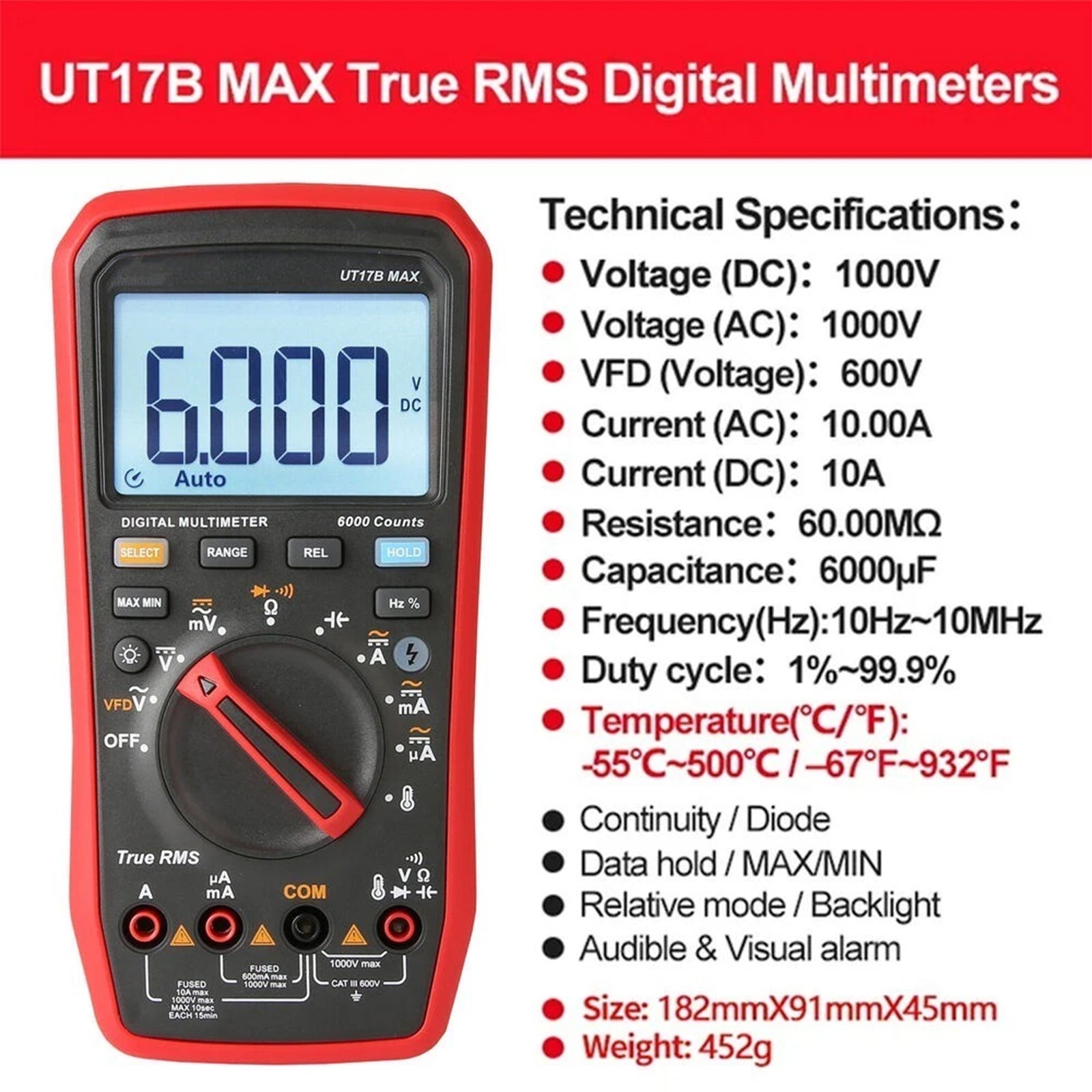 UT17B MAX Digital Multimeter DC/AC Function SwitchingC/V/I/R Measurement