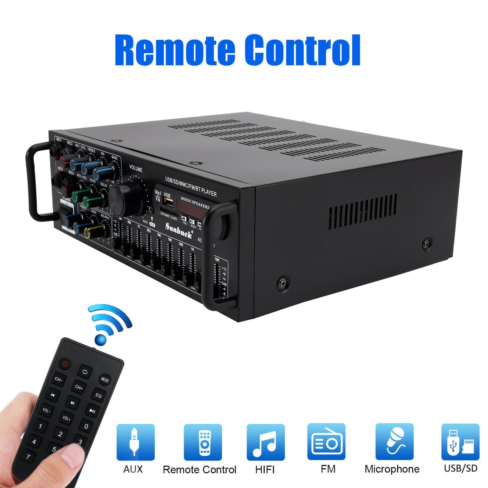 Bluetooth 5.0 HiFi Sunbuck 2000W Stereo Power Amplifier Karaoke FM USB SD AUX