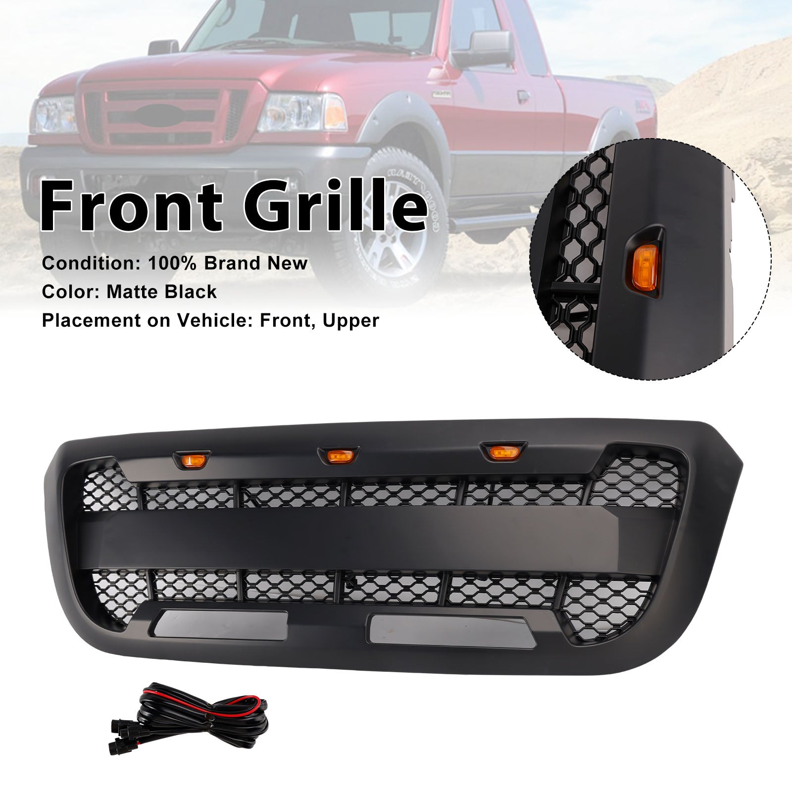 2004-2011 Fit Ford Ranger Matt Black Front Bumper Grille Grill With LED Light