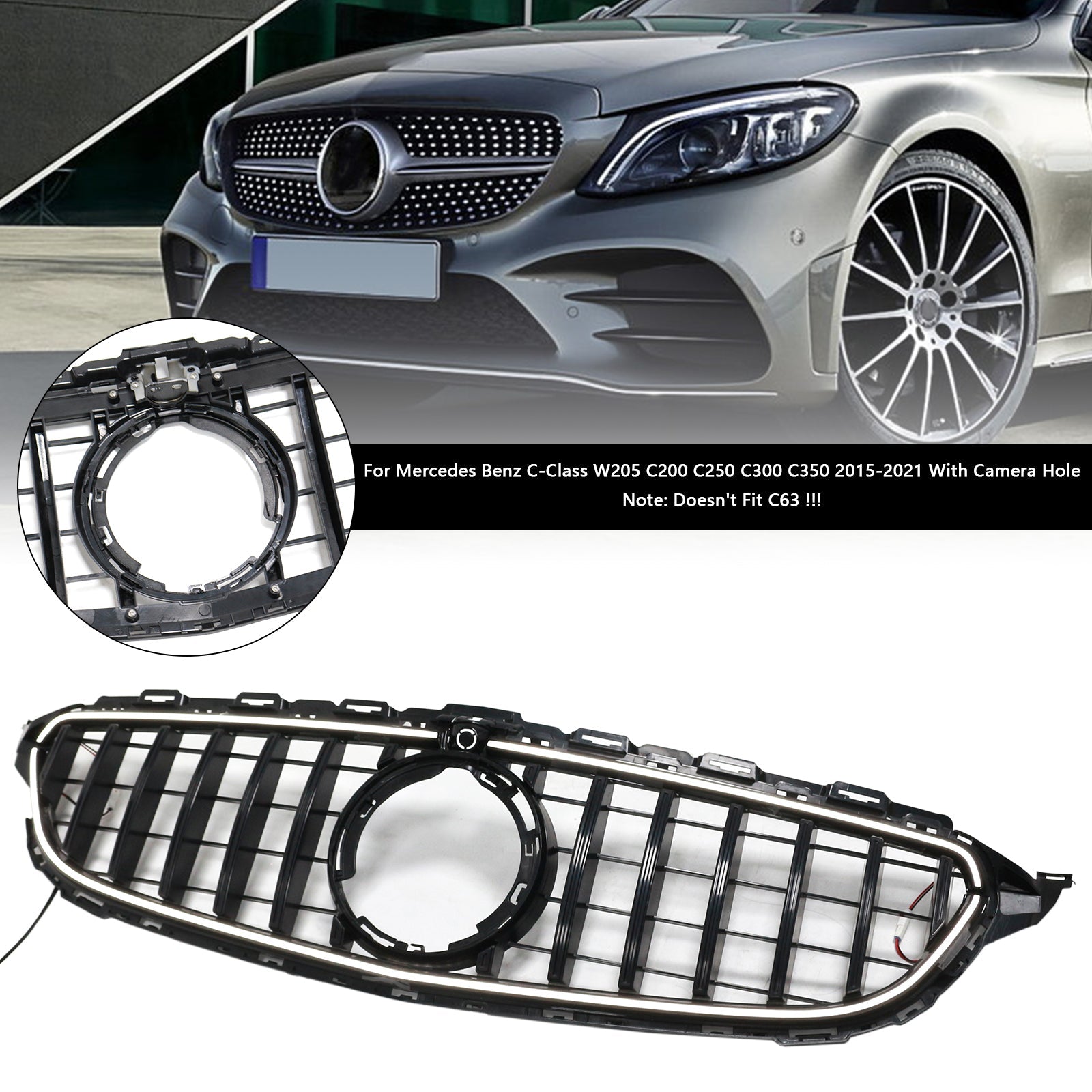 2015-2021 Mercedes W205 C250 C300 W/LED Black Front Bumper Grill Grille