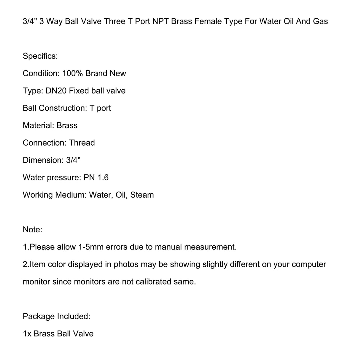 G3/4" 3 Way Ball Valve Three T Port Brass Female Type For Water Oil And Gas