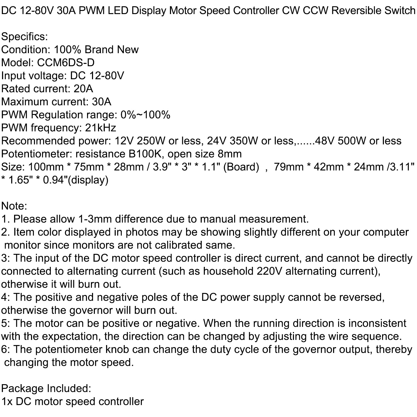 DC 12-80V 30A PWM LED Display Motor Speed Controller CW CCW Reversible Switch