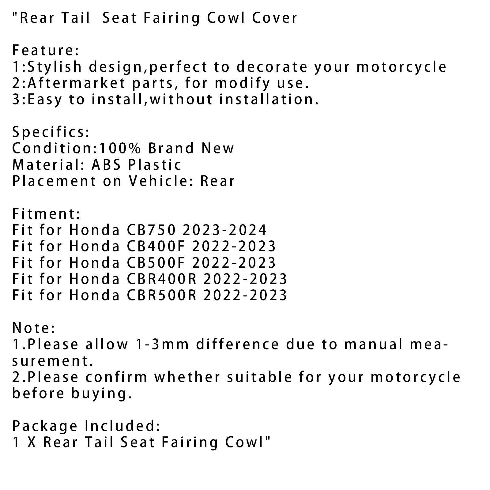2022-2023 Honda CBR400R Rear Tail Seat Fairing Cover