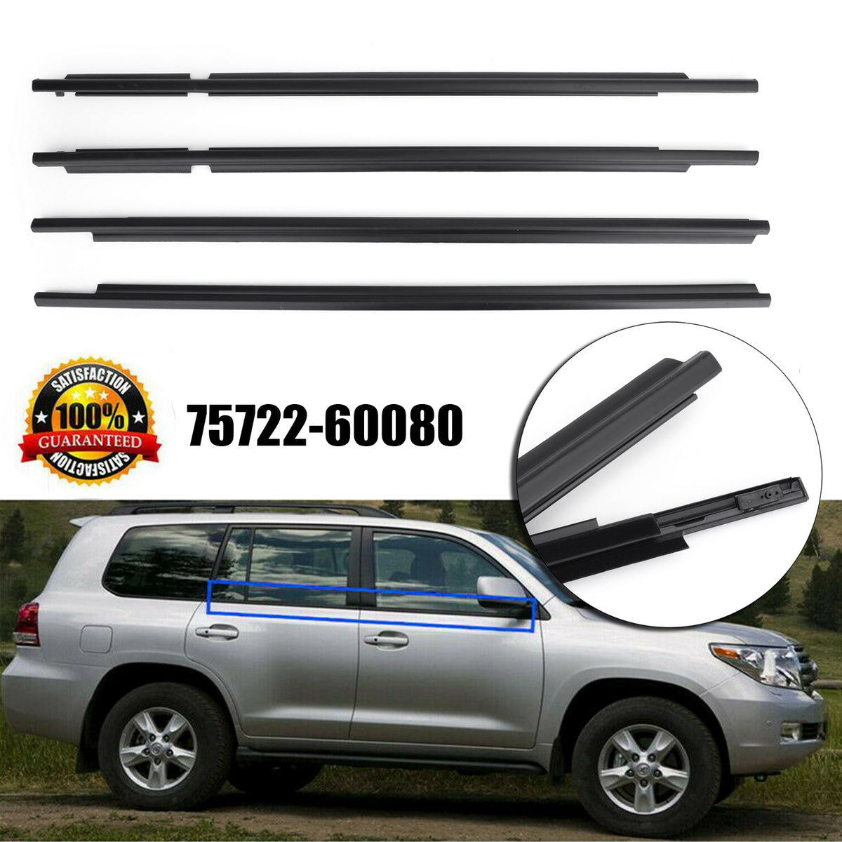 4PCS 75722-60080 Weatherstrip Window Belt Moulding Fits For LEXUS GX470 2003-2009